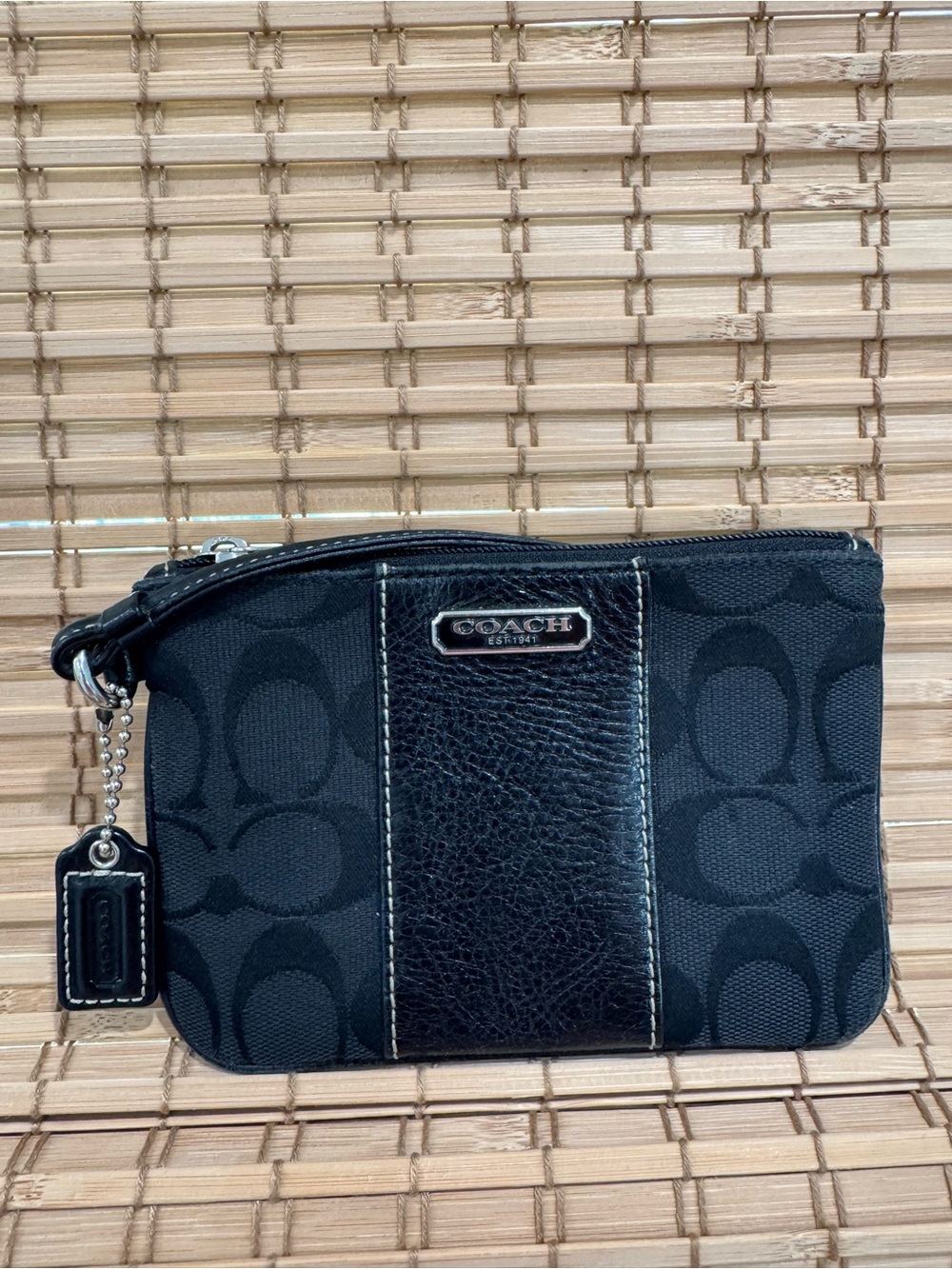 Coach Black Signature Canvas Zip Wristlet And Leather Stripe Women Clutch Wallet